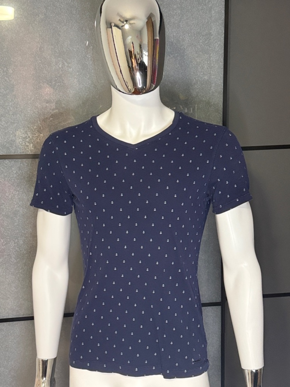 Express Navy V-Neck Short Sleeve Tee with Mini Anchor Print